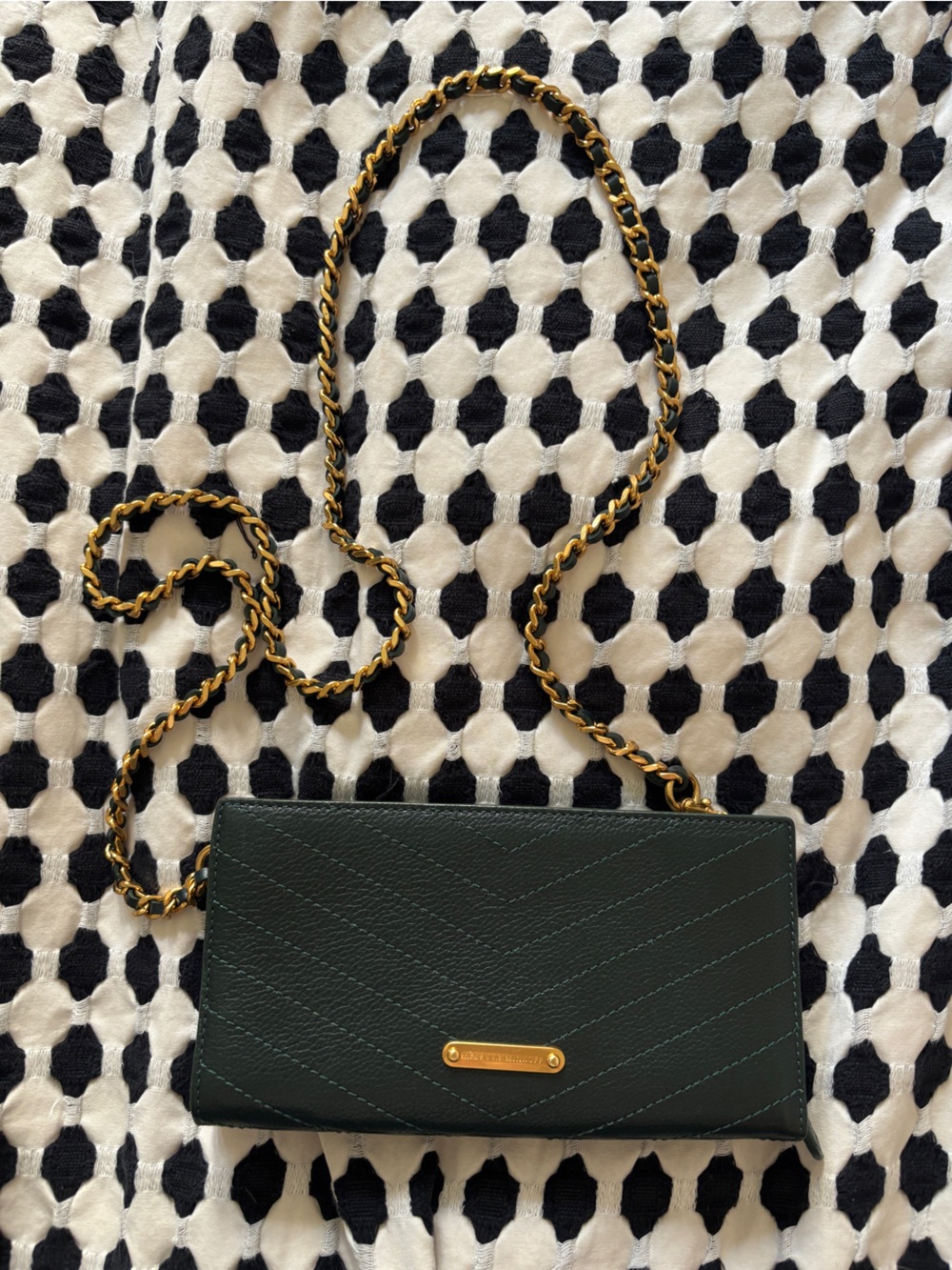Rebecca Minkoff Dark Green Quilted Crossbody Wallet with Gold Chain